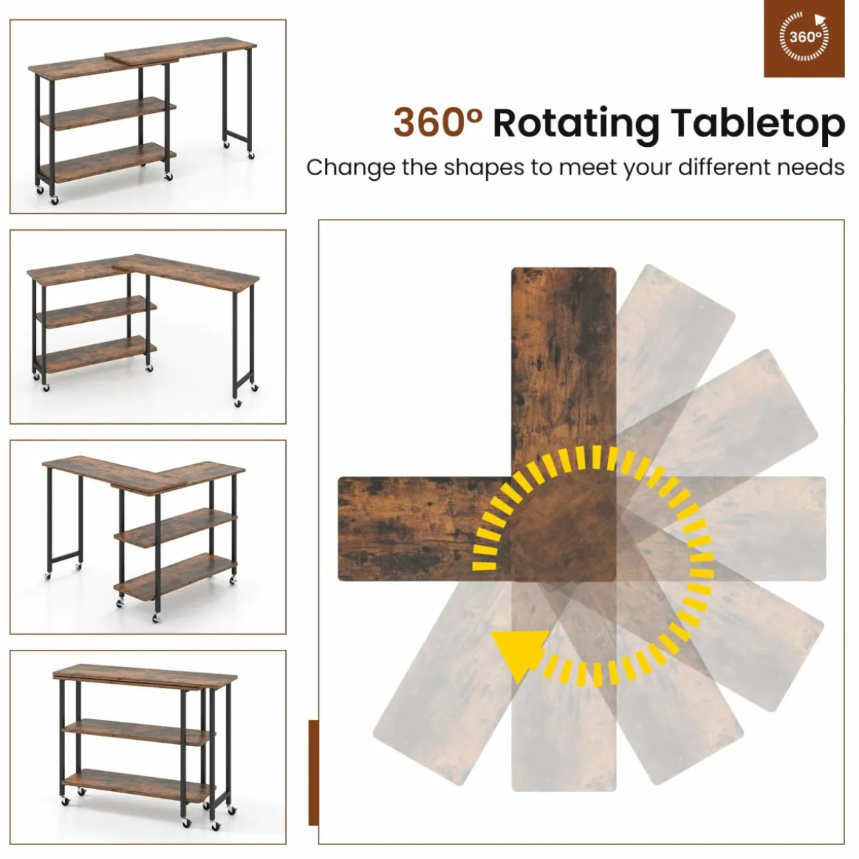 Tangkula 360°Rotating Sofa Side Table, Mobile End Table with 2-Tier Storage Shelves