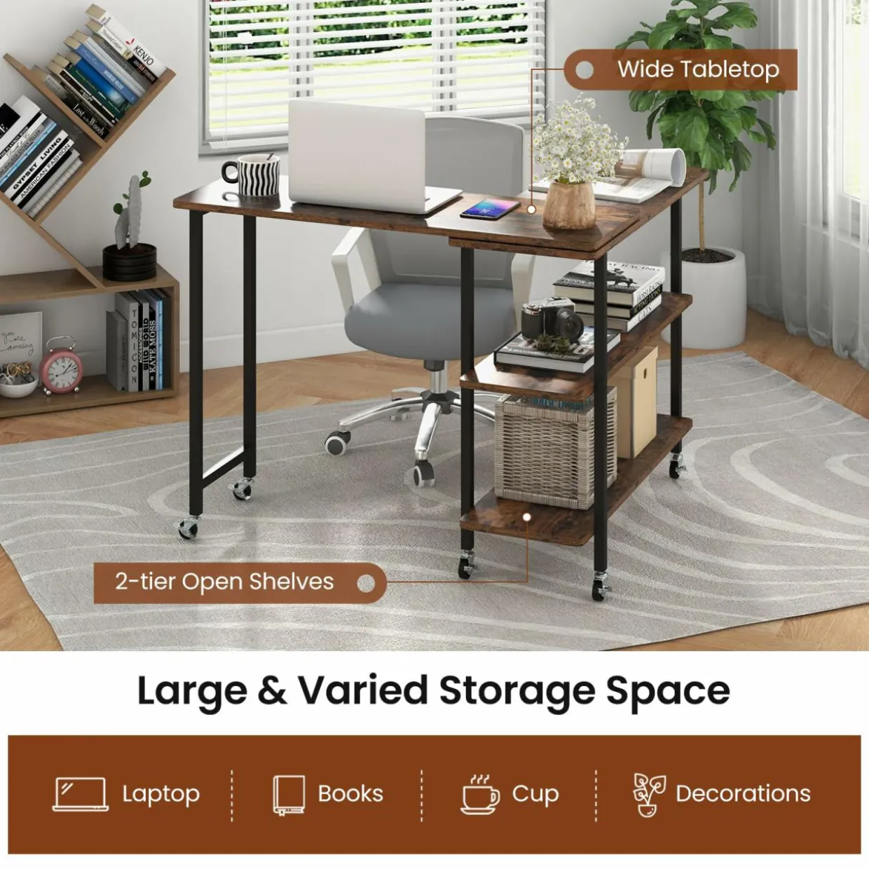 Tangkula 360°Rotating Sofa Side Table, Mobile End Table with 2-Tier Storage Shelves