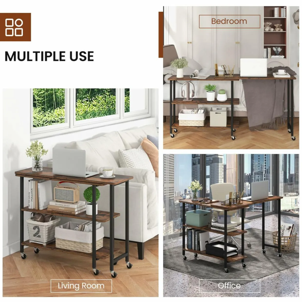 Tangkula 360°Rotating Sofa Side Table, Mobile End Table with 2-Tier Storage Shelves
