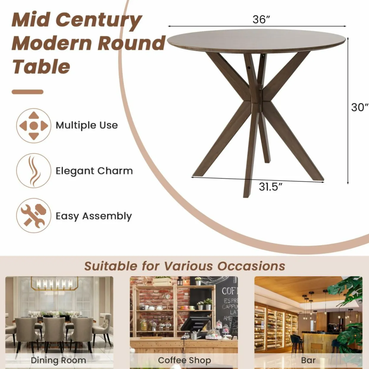 Tangkula Round Dining Table, Stylish Table with 36" Tabletop & Sturdy Wood Legs