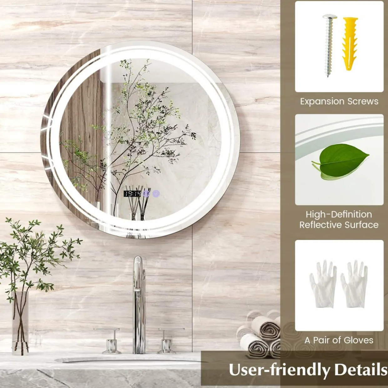 Tangkula Round Led Bathroom Mirror
