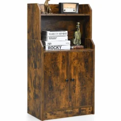 Tangkula Rustic Bookcase, Storage Cabinet with 2 Open Shelves and 2 Doors