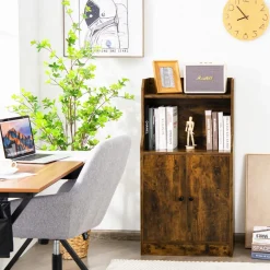 Tangkula Rustic Bookcase, Storage Cabinet with 2 Open Shelves and 2 Doors