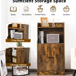Tangkula Rustic Bookcase, Storage Cabinet with 2 Open Shelves and 2 Doors