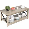 Tangkula Rustic Coffee Table, Farmhouse Accent Cocktail Table w/2 Tier Storage Shelf, Wide Tabletop & X Metal Frame