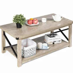 Tangkula Rustic Coffee Table, Farmhouse Accent Cocktail Table w/2 Tier Storage Shelf, Wide Tabletop & X Metal Frame