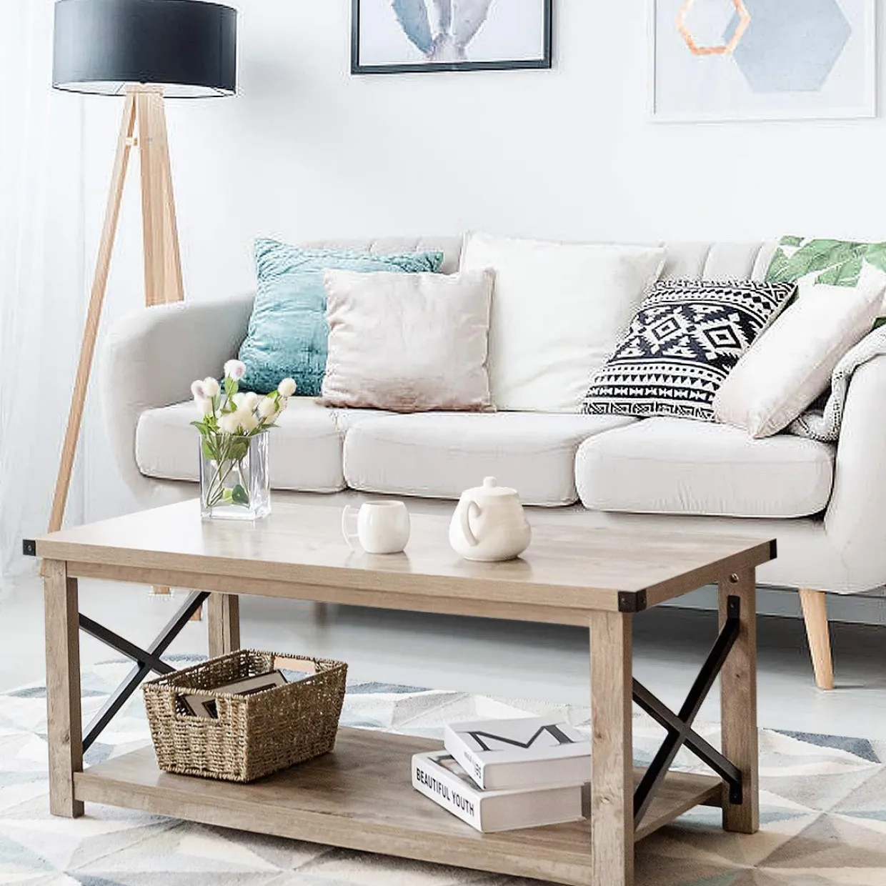 Tangkula Rustic Coffee Table, Farmhouse Accent Cocktail Table w/2 Tier Storage Shelf, Wide Tabletop & X Metal Frame