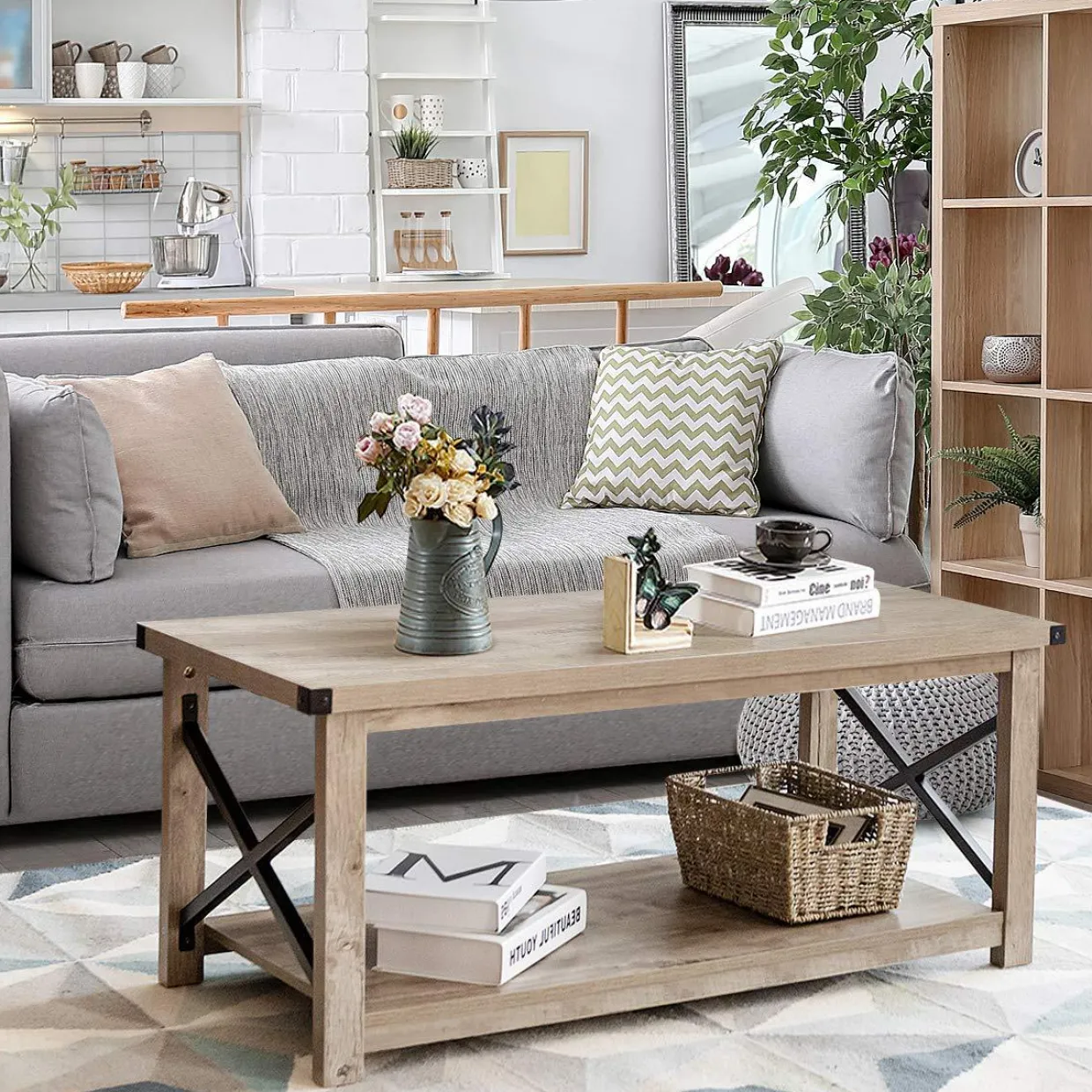 Tangkula Rustic Coffee Table, Farmhouse Accent Cocktail Table w/2 Tier Storage Shelf, Wide Tabletop & X Metal Frame