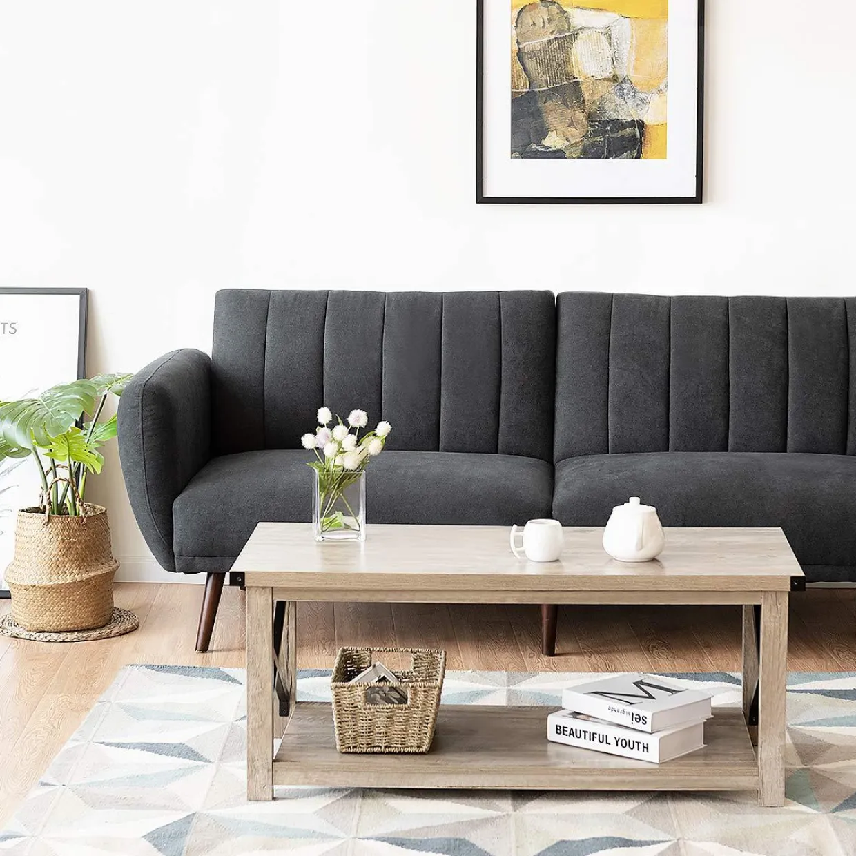 Tangkula Rustic Coffee Table, Farmhouse Accent Cocktail Table w/2 Tier Storage Shelf, Wide Tabletop & X Metal Frame