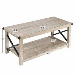 Tangkula Rustic Coffee Table, Farmhouse Accent Cocktail Table w/2 Tier Storage Shelf, Wide Tabletop & X Metal Frame