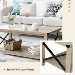 Tangkula Rustic Coffee Table, Farmhouse Accent Cocktail Table w/2 Tier Storage Shelf, Wide Tabletop & X Metal Frame