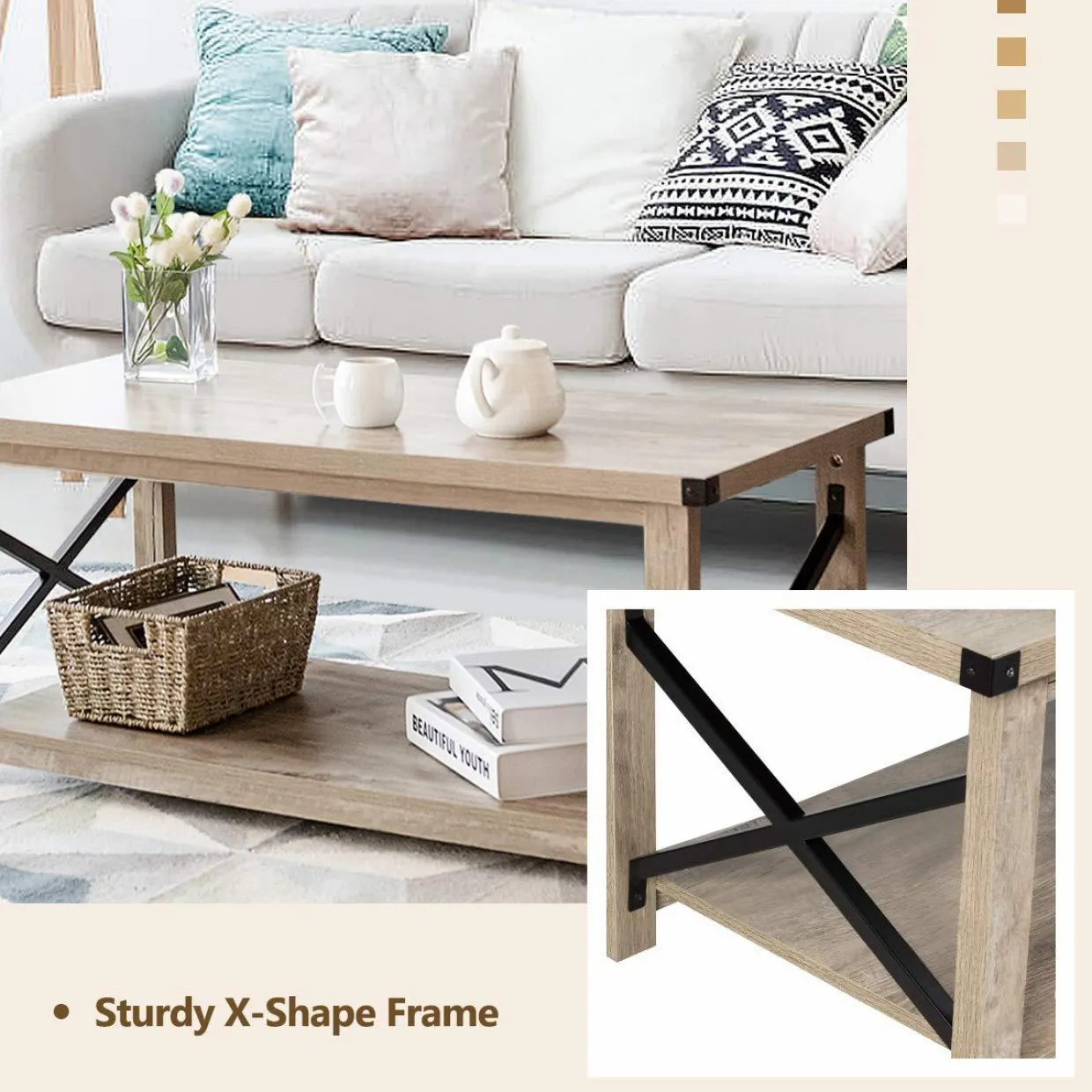 Tangkula Rustic Coffee Table, Farmhouse Accent Cocktail Table w/2 Tier Storage Shelf, Wide Tabletop & X Metal Frame