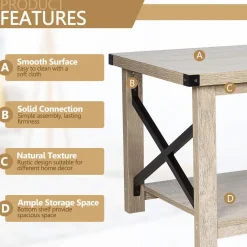 Tangkula Rustic Coffee Table, Farmhouse Accent Cocktail Table w/2 Tier Storage Shelf, Wide Tabletop & X Metal Frame
