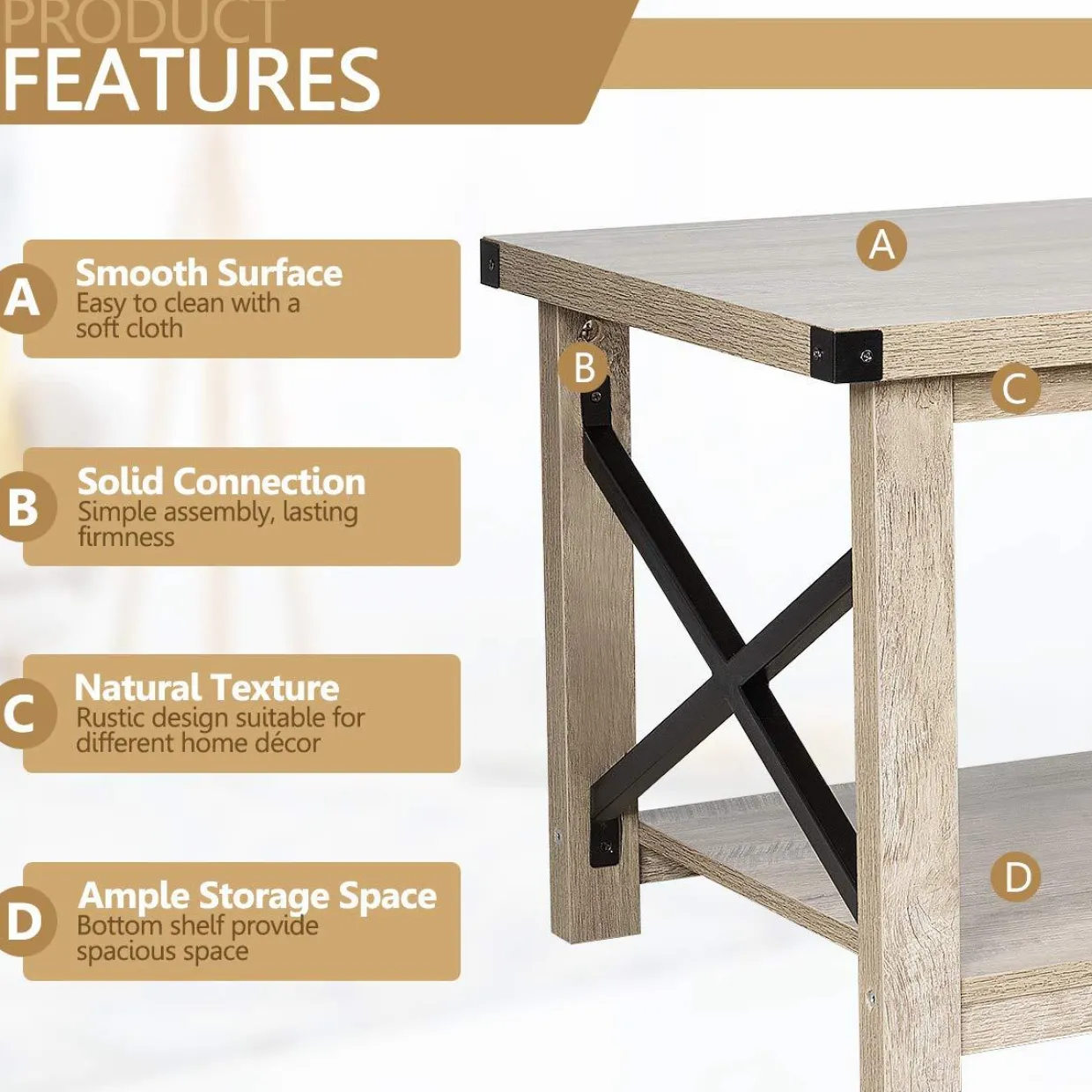 Tangkula Rustic Coffee Table, Farmhouse Accent Cocktail Table w/2 Tier Storage Shelf, Wide Tabletop & X Metal Frame