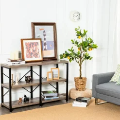 Tangkula Rustic Console Sofa Table, 3 Tier Console Table with Shelves, Industrial Foyer Table with Adjustable Feet, Living Room TV Stand