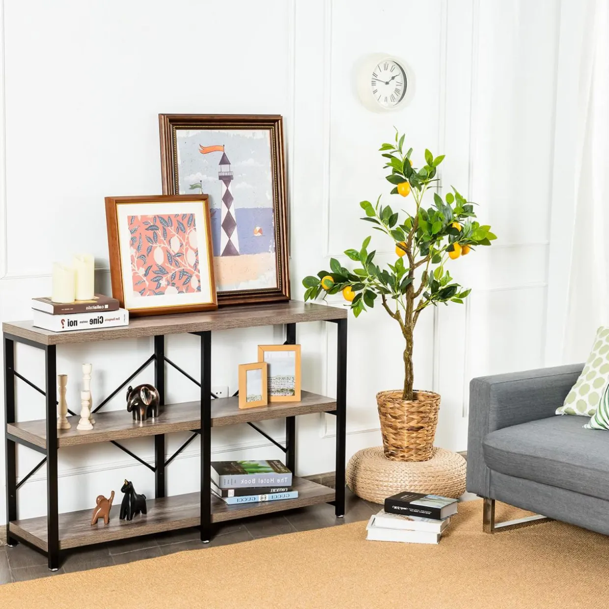 Tangkula Rustic Console Sofa Table, 3 Tier Console Table with Shelves, Industrial Foyer Table with Adjustable Feet, Living Room TV Stand