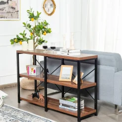 Tangkula Rustic Console Sofa Table, 3 Tier Console Table with Shelves, Industrial Foyer Table with Adjustable Feet, Living Room TV Stand