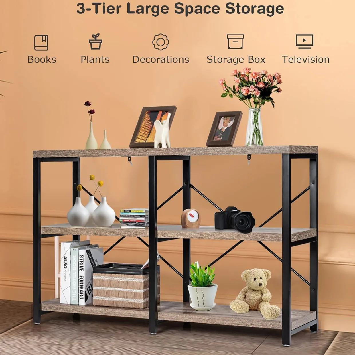 Tangkula Rustic Console Sofa Table, 3 Tier Console Table with Shelves, Industrial Foyer Table with Adjustable Feet, Living Room TV Stand