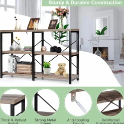 Tangkula Rustic Console Sofa Table, 3 Tier Console Table with Shelves, Industrial Foyer Table with Adjustable Feet, Living Room TV Stand