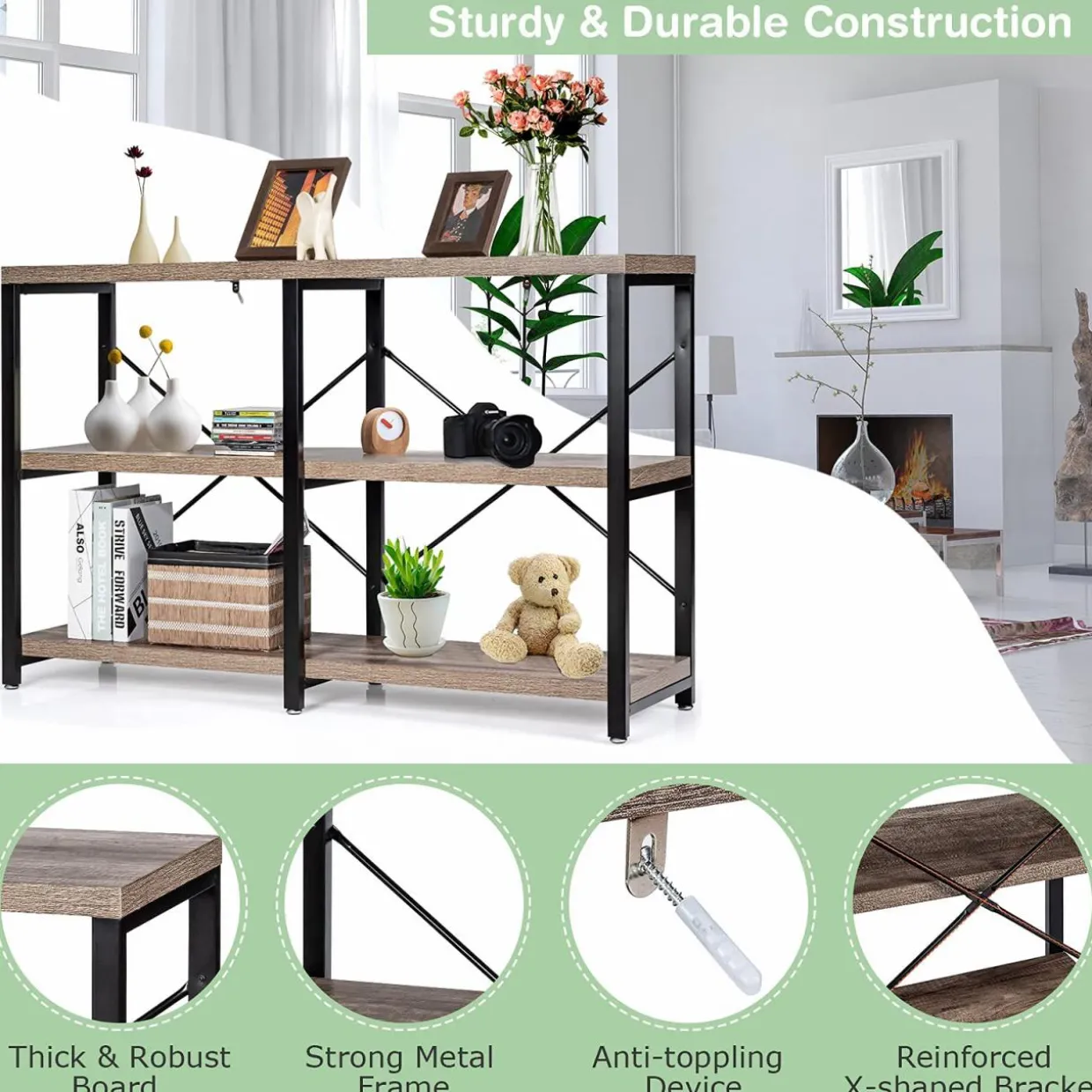 Tangkula Rustic Console Sofa Table, 3 Tier Console Table with Shelves, Industrial Foyer Table with Adjustable Feet, Living Room TV Stand