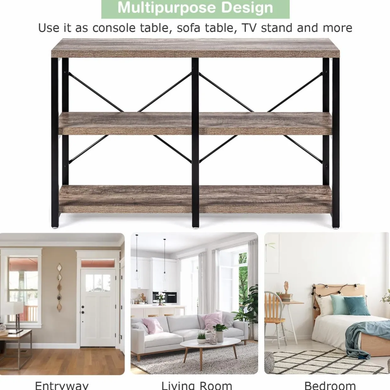 Tangkula Rustic Console Sofa Table, 3 Tier Console Table with Shelves, Industrial Foyer Table with Adjustable Feet, Living Room TV Stand