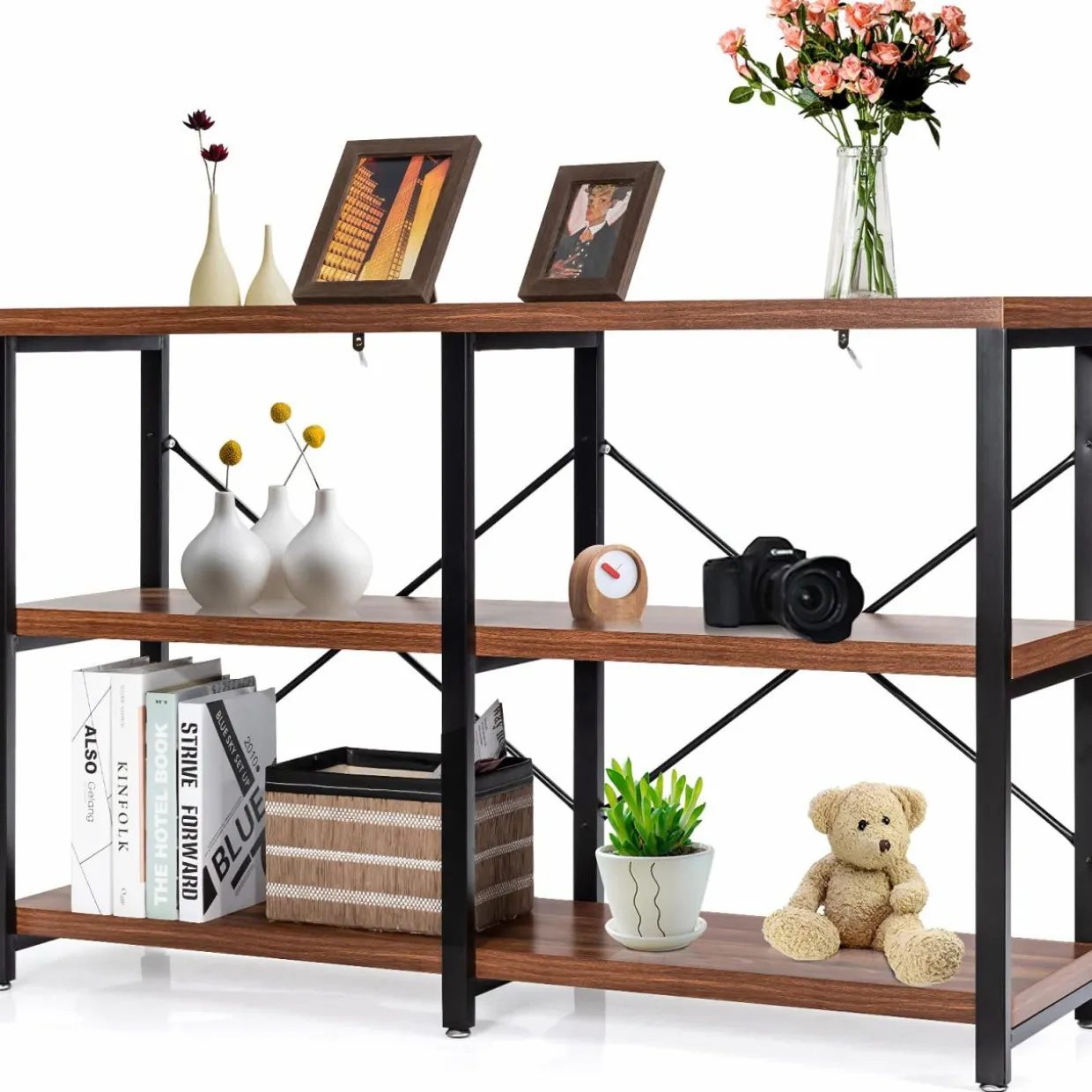 Tangkula Rustic Console Sofa Table, 3 Tier Console Table with Shelves, Industrial Foyer Table with Adjustable Feet, Living Room TV Stand
