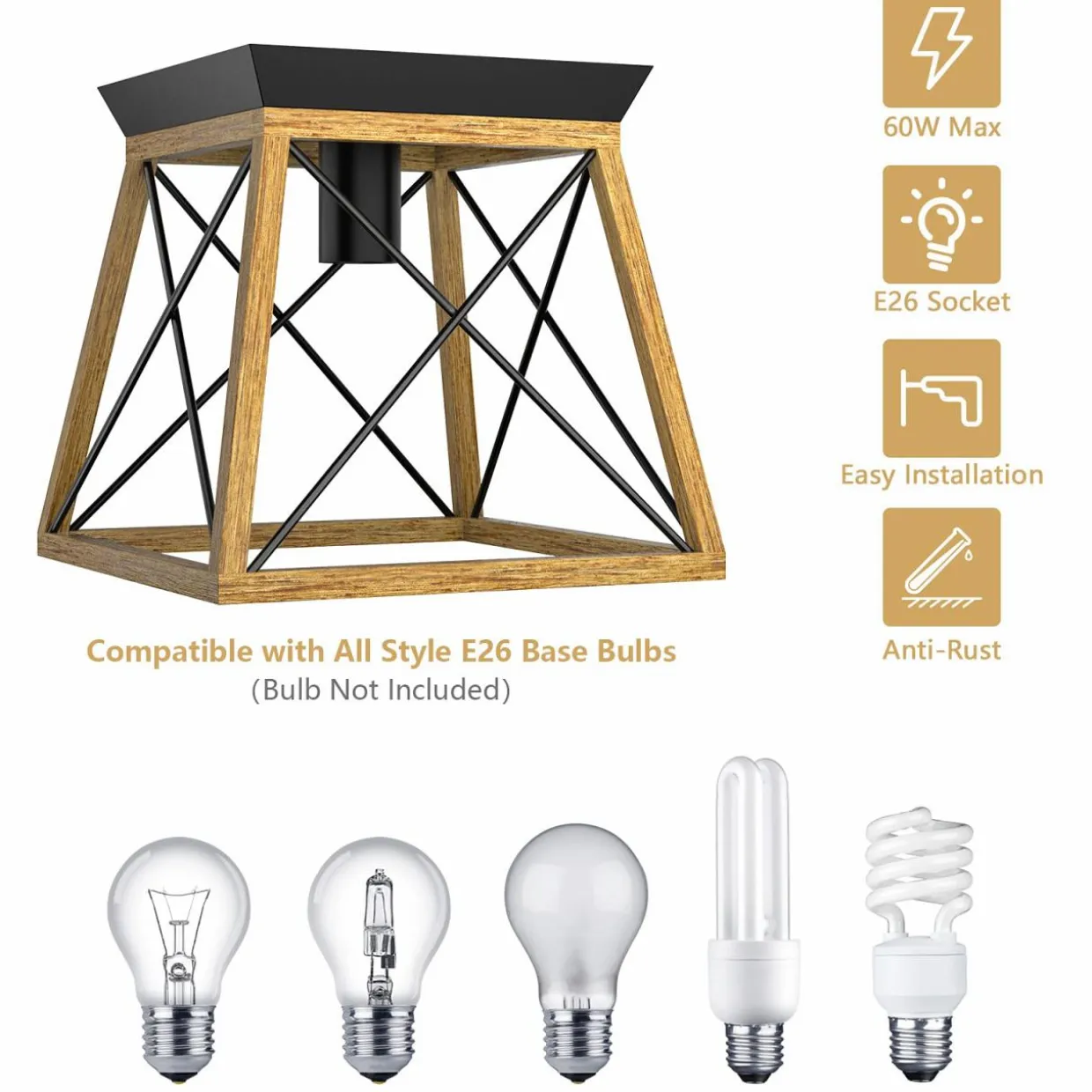Tangkula Rustic Farmhouse Ceiling Light, Industrial Flush Mount Ceiling Light Fixture w/E26 Blub Socket