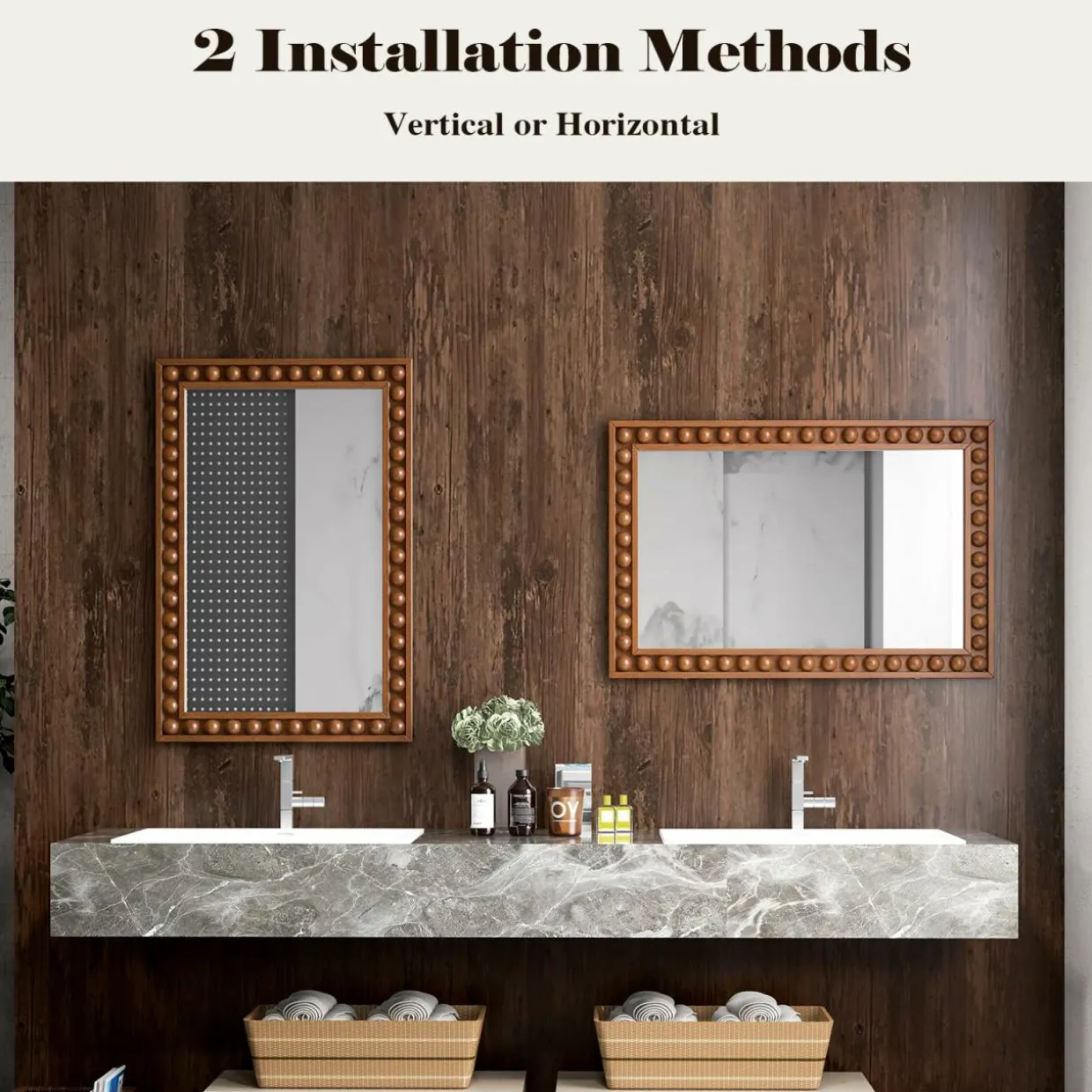 Tangkula Rustic Wall Mirror, 24" x 36" Rectangle Wall Mounted Mirror w/Solid Wood Frame