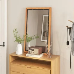 Tangkula Rustic Wood Mirror, Rectangular Frame Decor Wall Mounted Mirror with Back Board