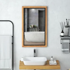 Tangkula Rustic Wood Mirror, Rectangular Frame Decor Wall Mounted Mirror with Back Board