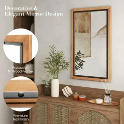 Tangkula Rustic Wood Mirror, Rectangular Frame Decor Wall Mounted Mirror with Back Board