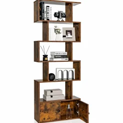 Tangkula S Shaped Bookshelf with Cabinet, 6-Tier Bookcase with Doors, Freestanding Geometric Bookshelves for Living Room