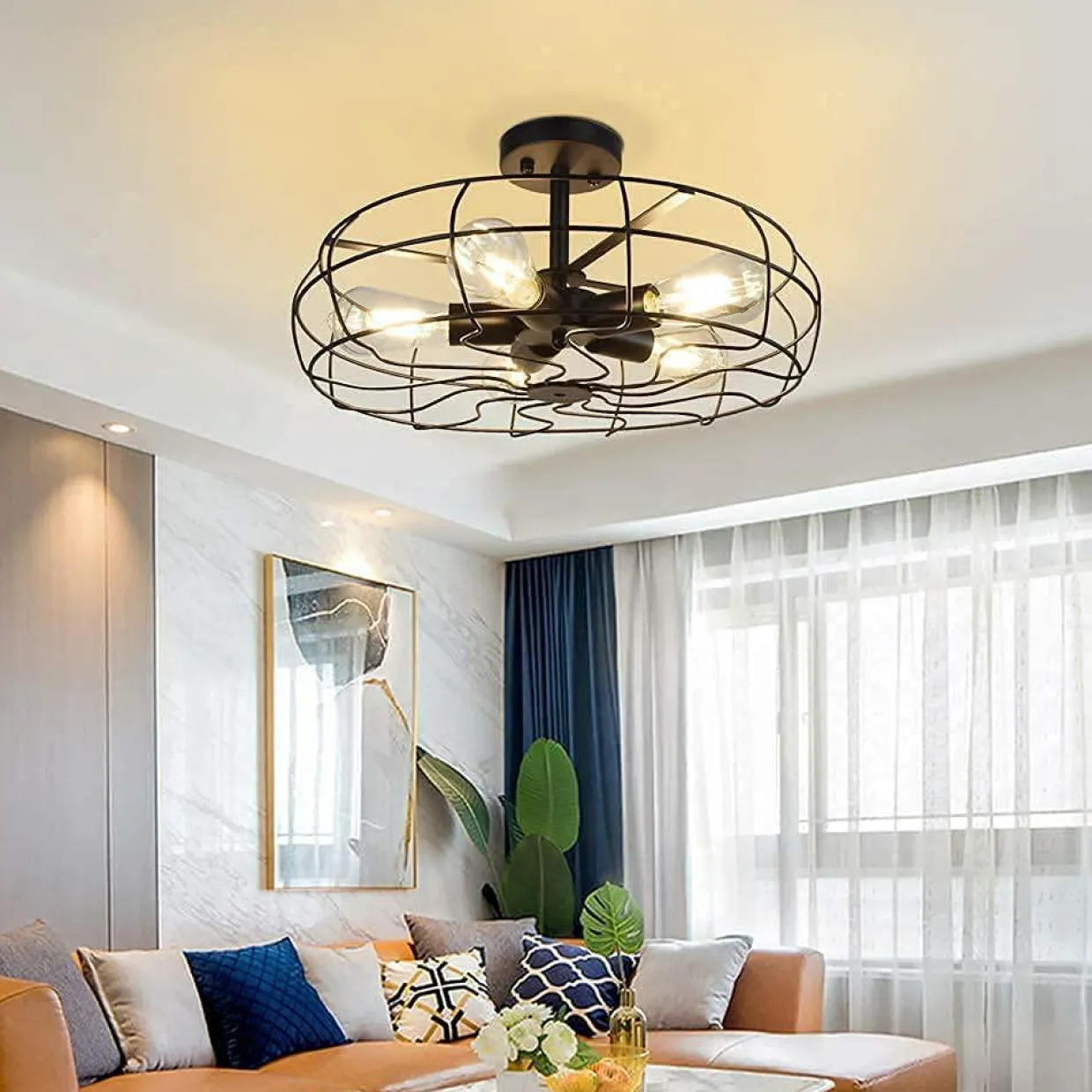 Tangkula Semi Flush Mount Light Industrial Vintage Style Metal Hanging Flush Mount Lighting with