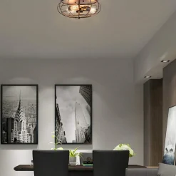 Tangkula Semi Flush Mount Ceiling Light, 3-Light Industrial Style Rustic Ceiling Light Fixture with Iron Metal Cage Lampshade