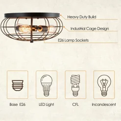 Tangkula Semi Flush Mount Ceiling Light, 3-Light Industrial Style Rustic Ceiling Light Fixture with Iron Metal Cage Lampshade