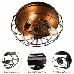Tangkula Semi Flush Mount Ceiling Light, 3-Light Industrial Style Rustic Ceiling Light Fixture with Iron Metal Cage Lampshade