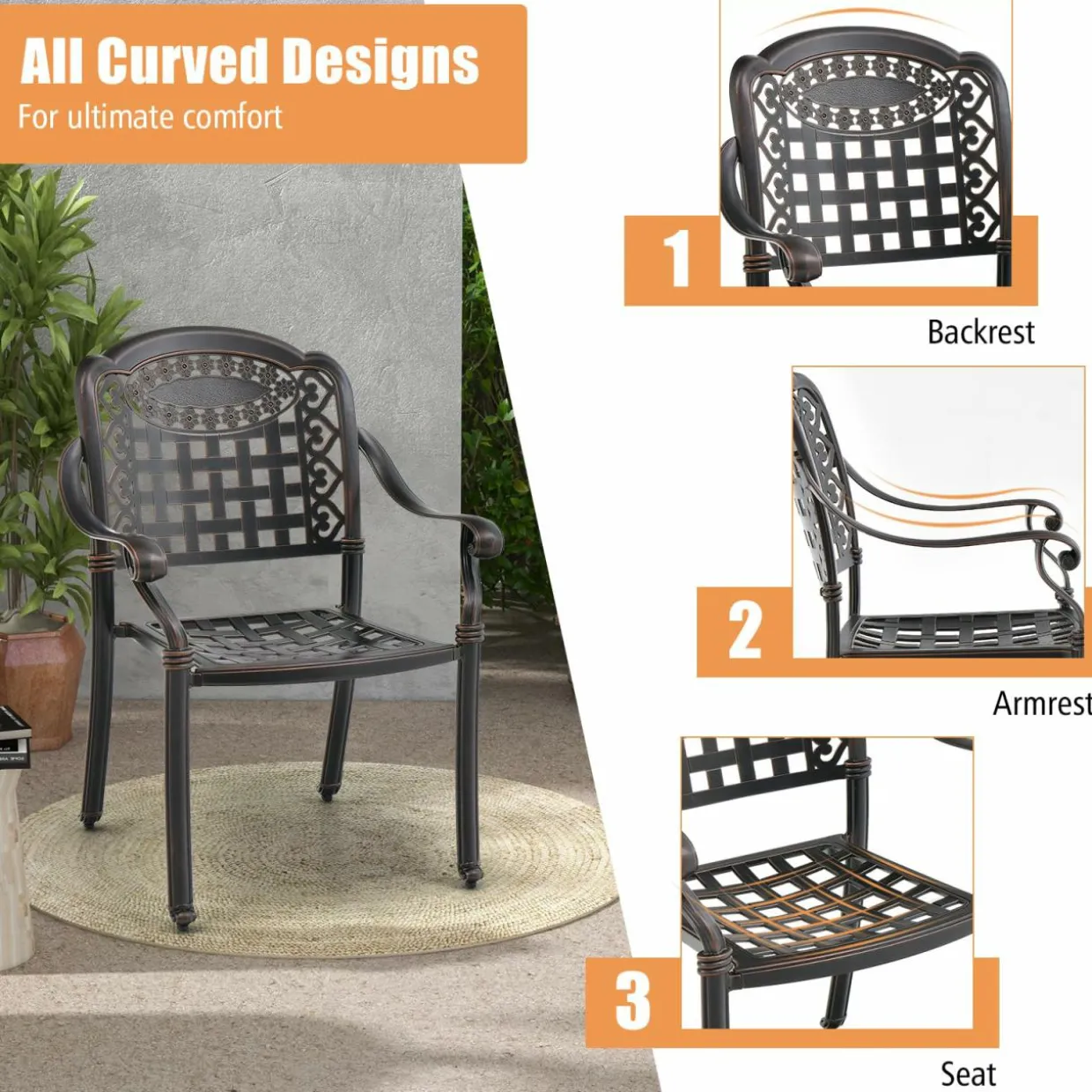 Tangkula Set of 2 Cast Aluminum Patio Dining Chairs