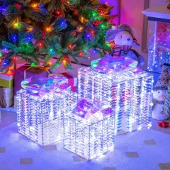 Tangkula Set of 3 Christmas Iridescent Box, 156 Cold White LED Lighted Present Boxes with Iridescent Bows
