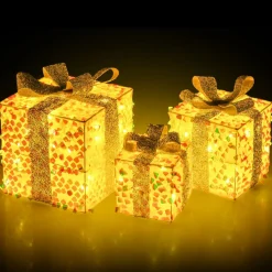 Tangkula Set of 3 Christmas Lighted Gift Boxes, Pre-lit 90 LED Light Up Present Box Decorations with Bows and Plug