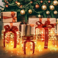Tangkula Set of 3 Christmas Lighted Gift Boxes for Outdoor Indoor Xmas Tree Holiday Decor