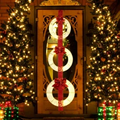 Tangkula Set of 3 Christmas Lighted Wreaths, Pre-Lit Metal Wreaths on Red Ribbon w/ 450 Warm White LED Lights & Bows