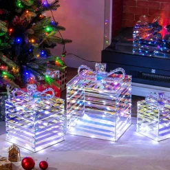 Tangkula Set of 3 Christmas Lighted Gift Boxes, Pre-lit 90 LED Light Up Present Box Decorations