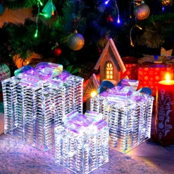 Tangkula Set of 3 Christmas Iridescent Box, 156 Cold White LED Lighted Present Boxes with Iridescent Bows