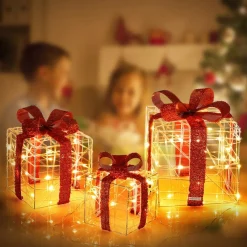 Tangkula Set of 3 Christmas Lighted Gift Boxes for Outdoor Indoor Xmas Tree Holiday Decor