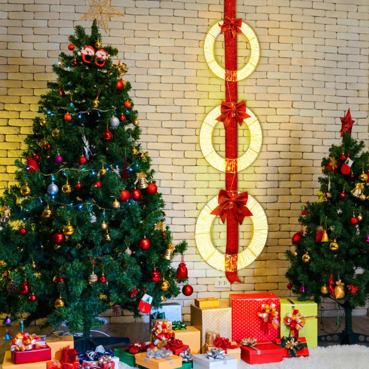 Tangkula Set of 3 Christmas Lighted Wreaths, Pre-Lit Metal Wreaths on Red Ribbon w/ 450 Warm White LED Lights & Bows