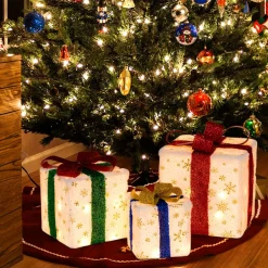 Tangkula Set of 3 Christmas Lighted Gift Boxes, Pre-lit Christmas Decoration with 48 Bright Warm Lights