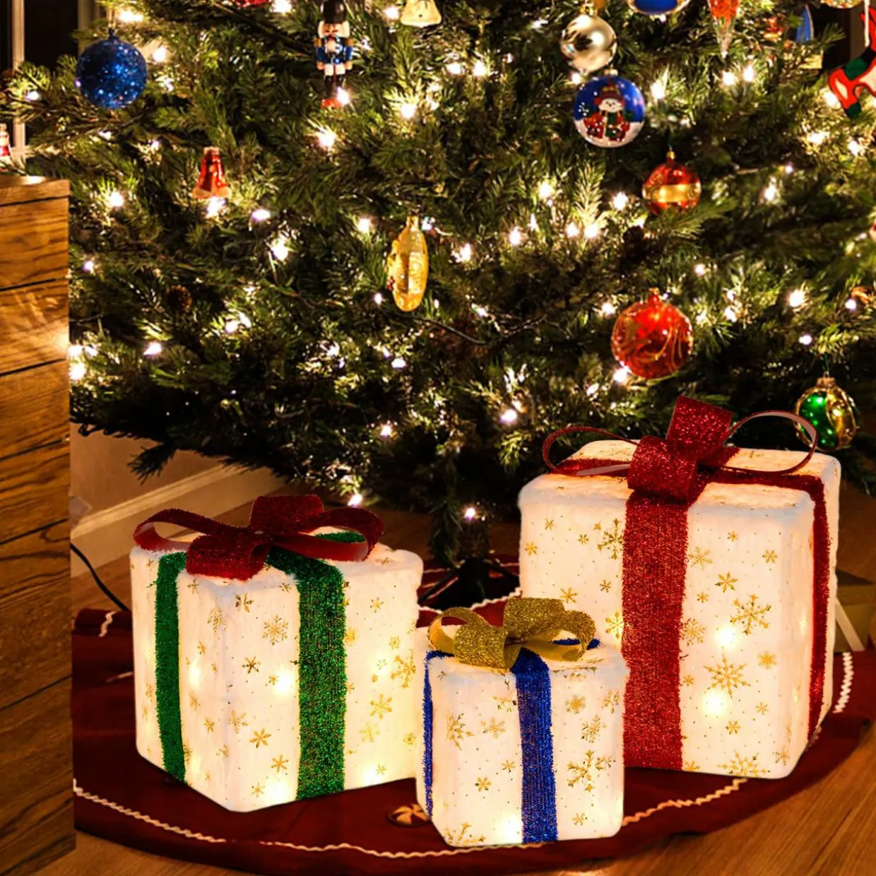 Tangkula Set of 3 Christmas Lighted Gift Boxes, Pre-lit Christmas Decoration with 48 Bright Warm Lights
