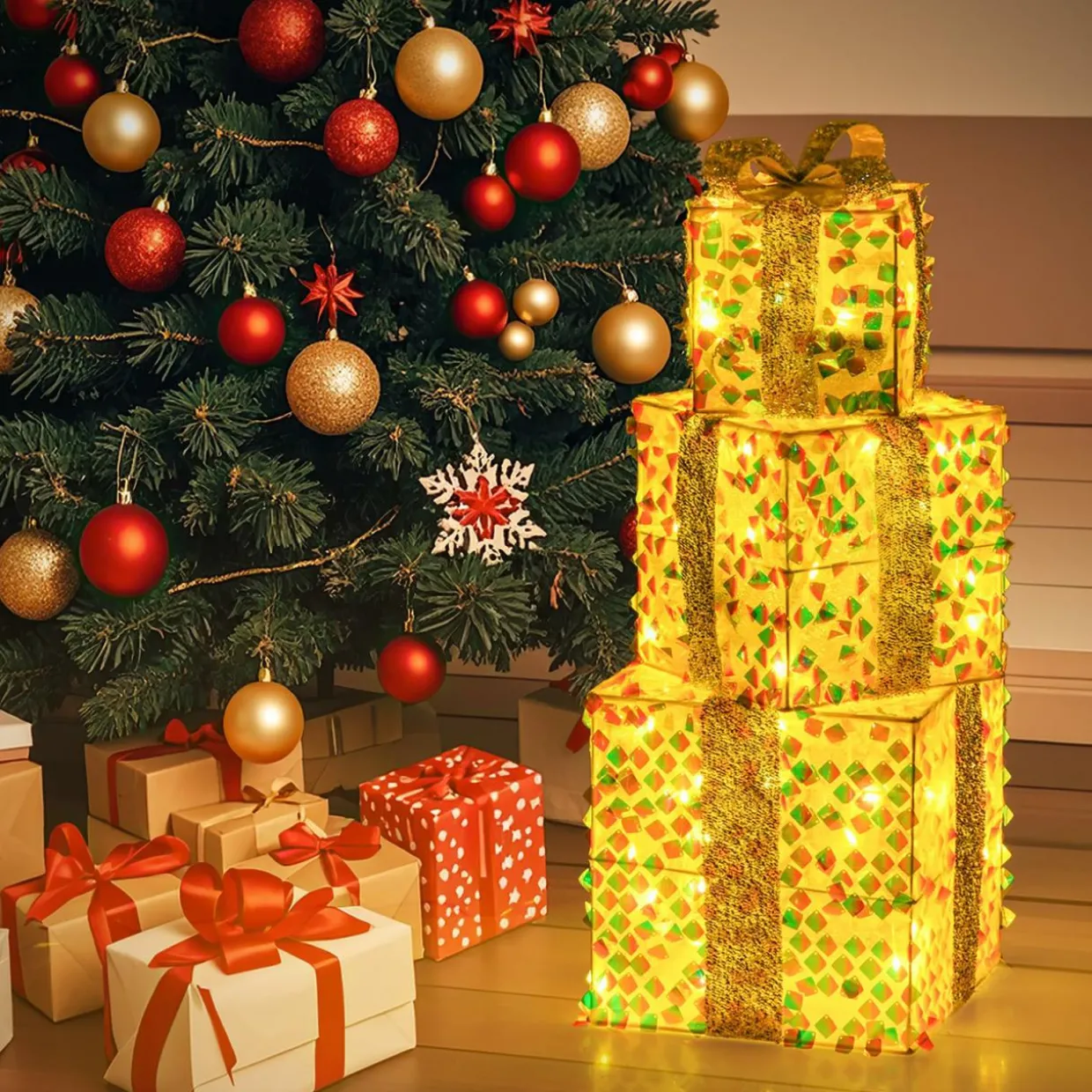 Tangkula Set of 3 Christmas Lighted Gift Boxes, Pre-lit 90 LED Light Up Present Box Decorations with Bows and Plug