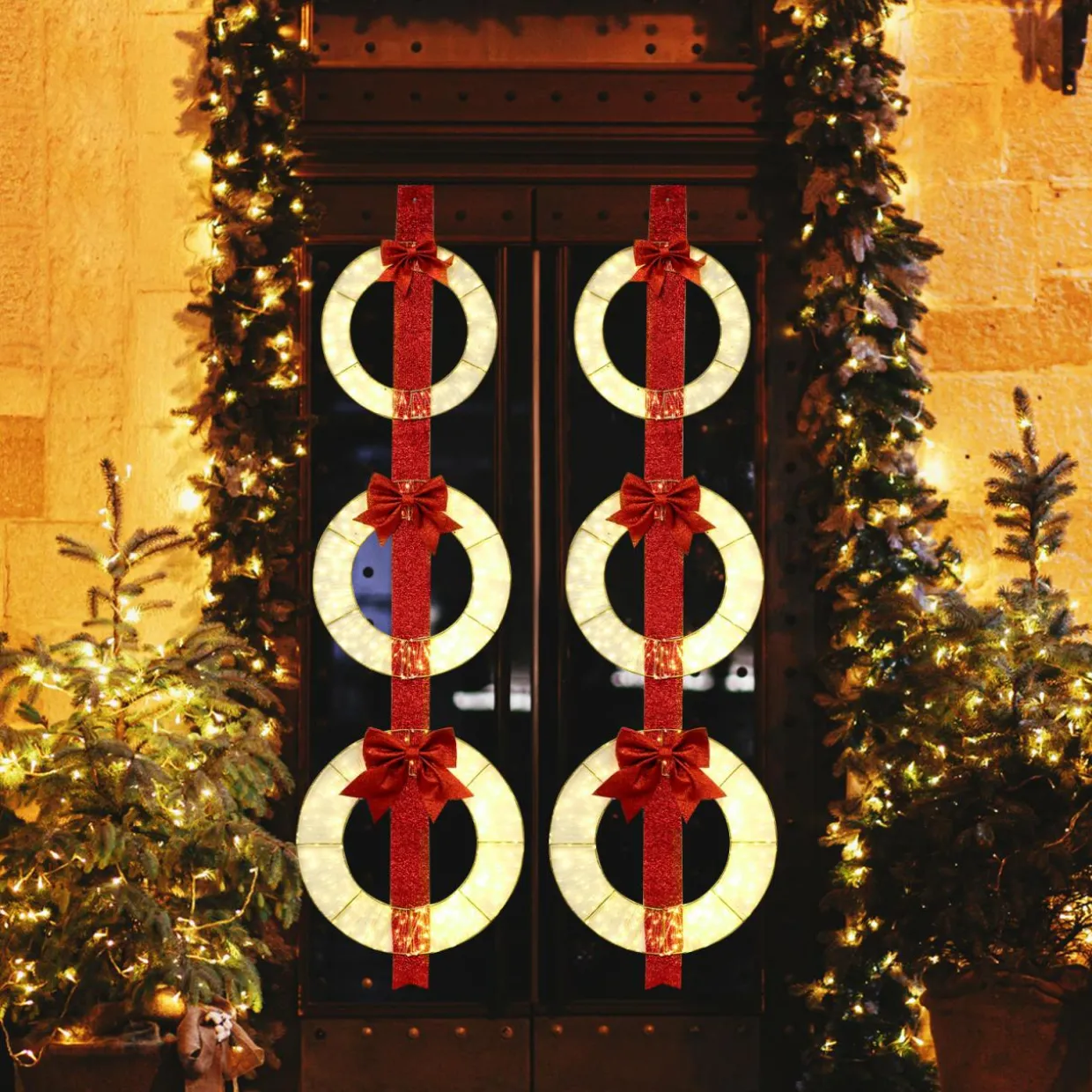 Tangkula Set of 3 Christmas Lighted Wreaths, Pre-Lit Metal Wreaths on Red Ribbon w/ 450 Warm White LED Lights & Bows