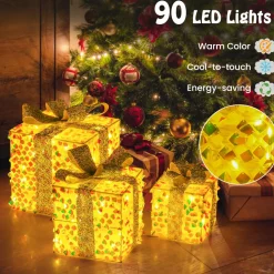 Tangkula Set of 3 Christmas Lighted Gift Boxes, Pre-lit 90 LED Light Up Present Box Decorations with Bows and Plug